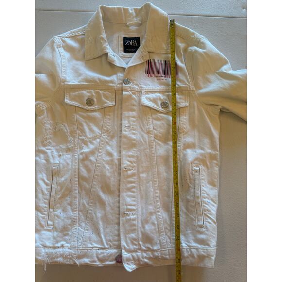 ZARA Man White Denim Jacket Sz S Barcode Abstract Art Print Graphic Streetwear - Picture 8 of 9
